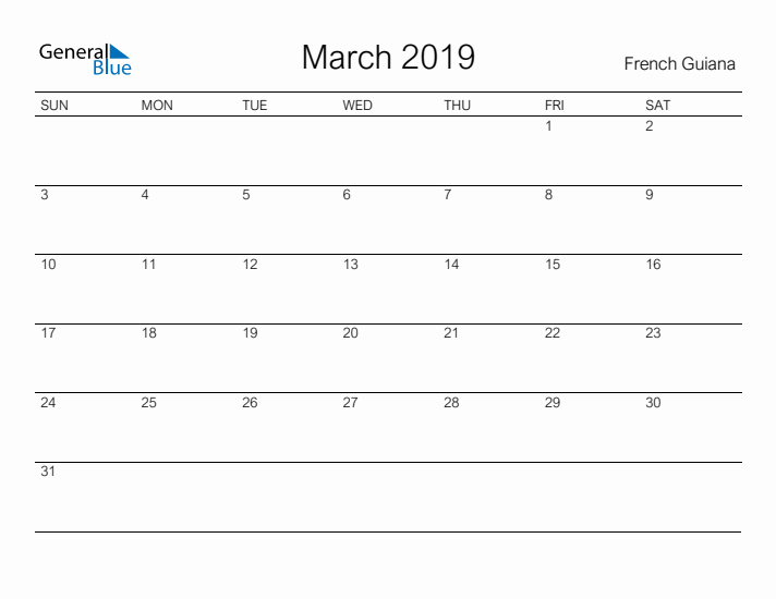 Printable March 2019 Calendar for French Guiana