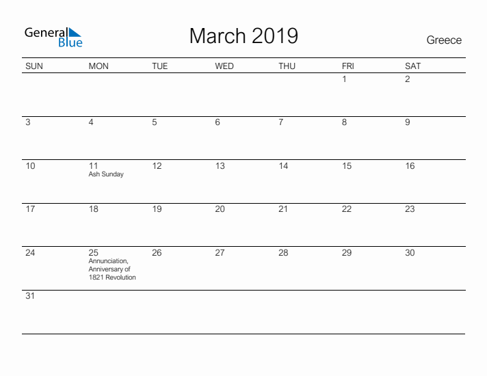 Printable March 2019 Calendar for Greece