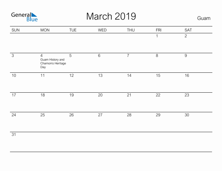Printable March 2019 Calendar for Guam