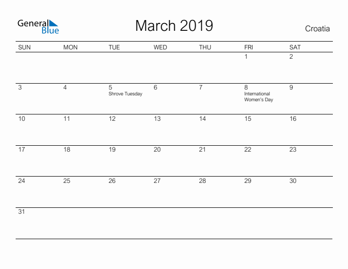 Printable March 2019 Calendar for Croatia