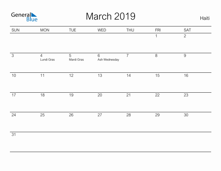 Printable March 2019 Calendar for Haiti