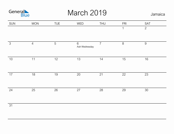 Printable March 2019 Calendar for Jamaica