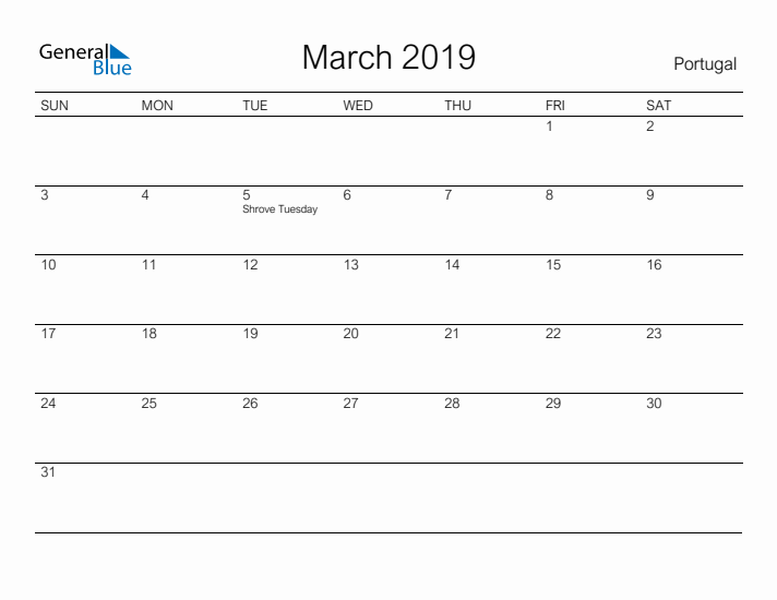 Printable March 2019 Calendar for Portugal
