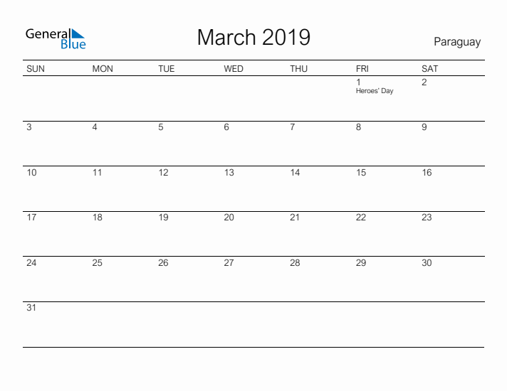 Printable March 2019 Calendar for Paraguay