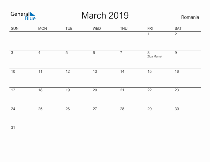Printable March 2019 Calendar for Romania