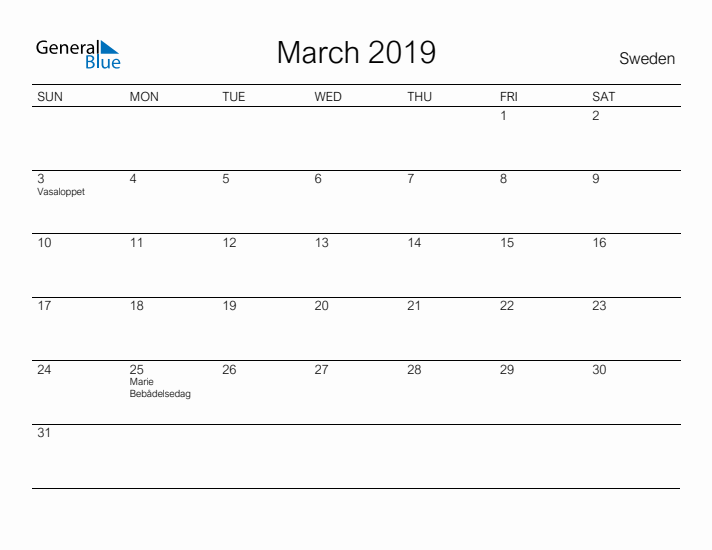 Printable March 2019 Calendar for Sweden