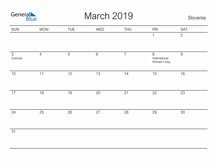 Printable March 2019 Calendar for Slovenia