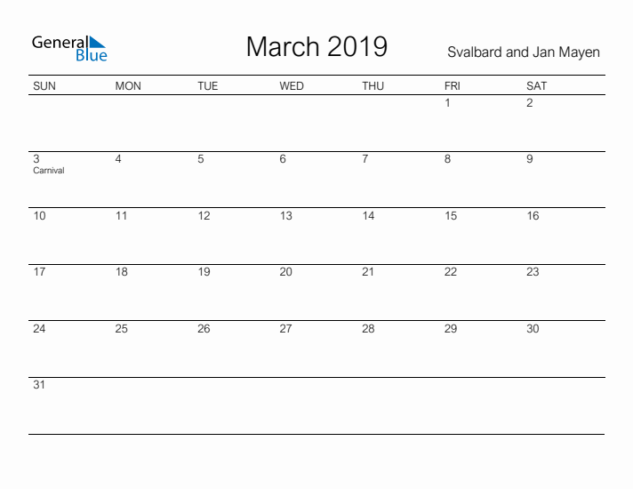 Printable March 2019 Calendar for Svalbard and Jan Mayen