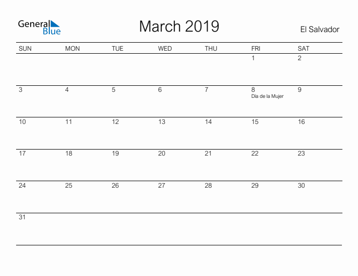 Printable March 2019 Calendar for El Salvador