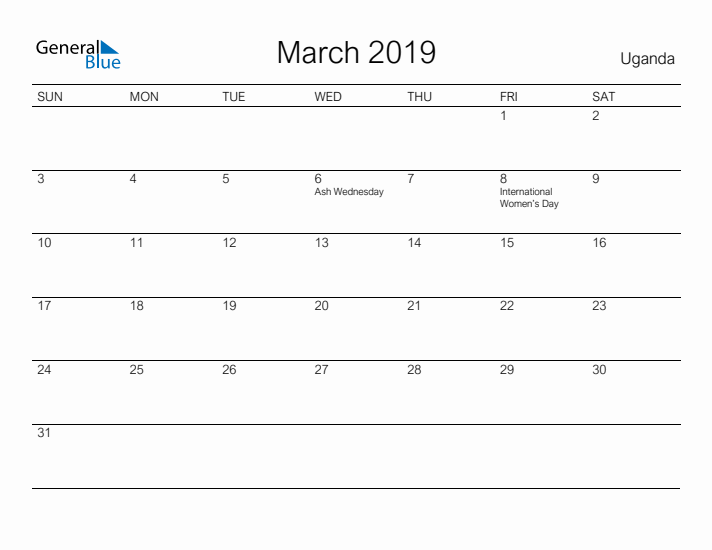 Printable March 2019 Calendar for Uganda