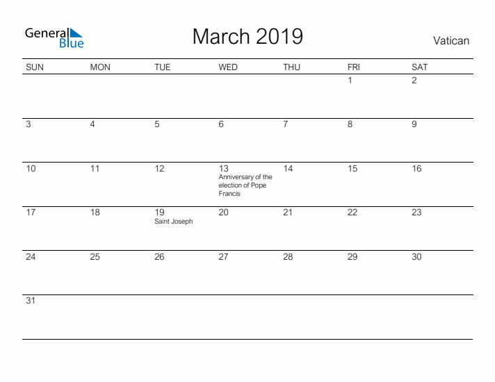 Printable March 2019 Calendar for Vatican
