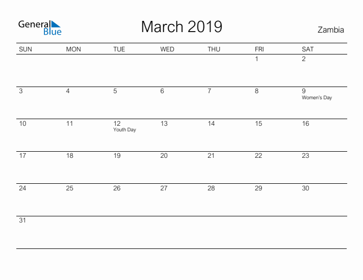 Printable March 2019 Calendar for Zambia