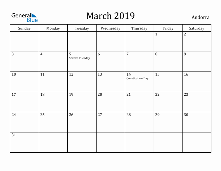 March 2019 Calendar Andorra