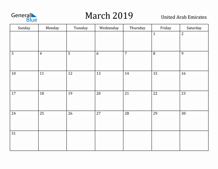 March 2019 Calendar United Arab Emirates