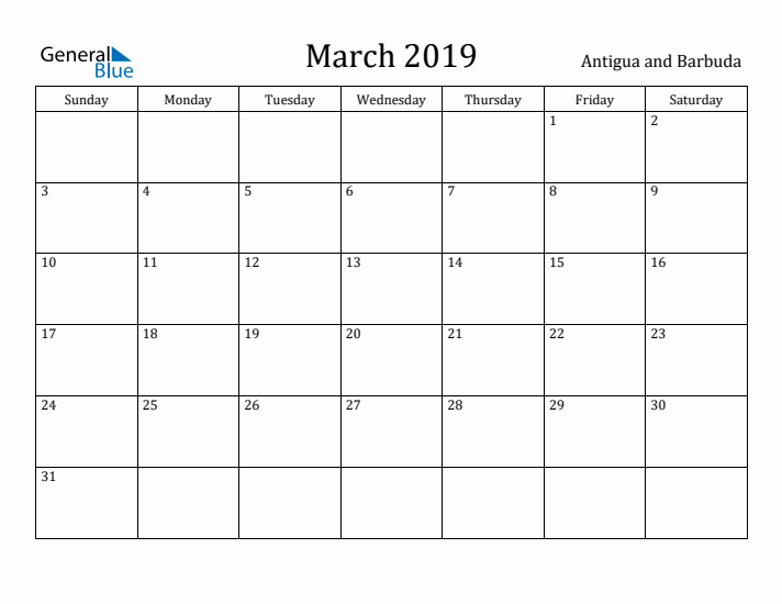 March 2019 Calendar Antigua and Barbuda