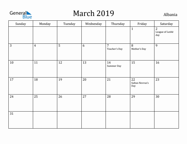 March 2019 Calendar Albania