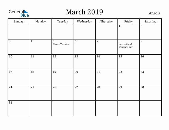 March 2019 Calendar Angola