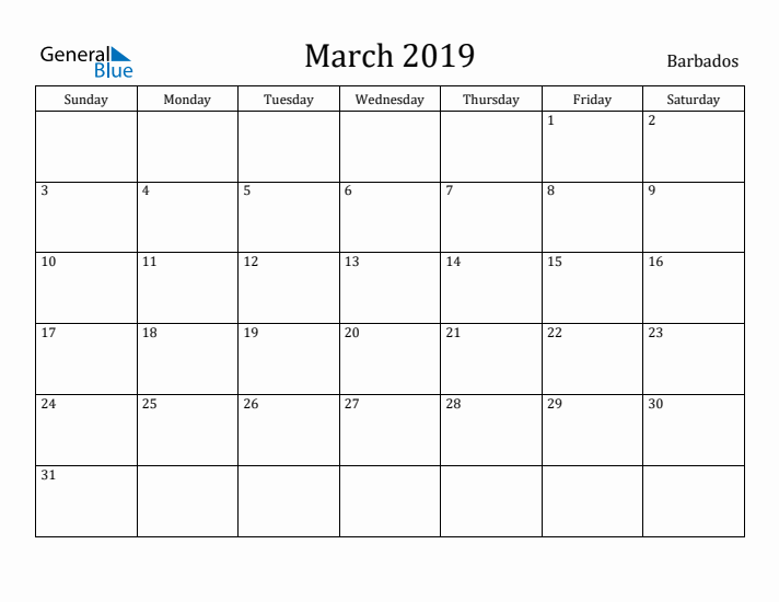 March 2019 Calendar Barbados