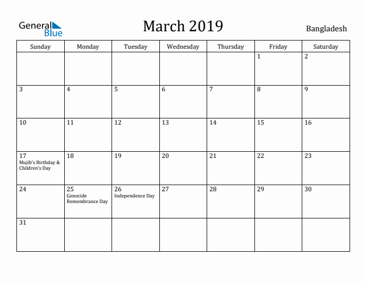 March 2019 Calendar Bangladesh