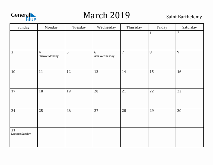 March 2019 Calendar Saint Barthelemy