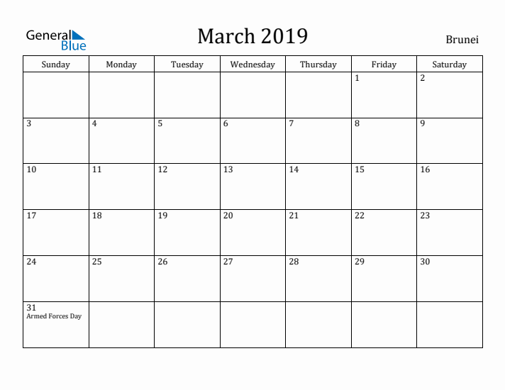 March 2019 Calendar Brunei