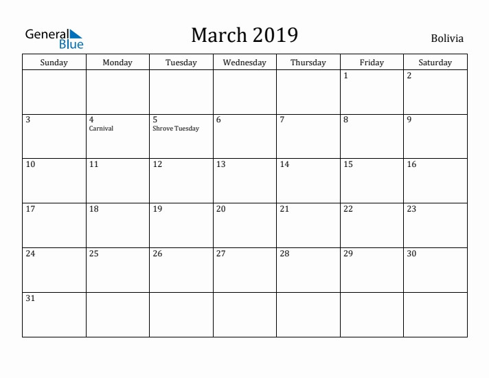 March 2019 Calendar Bolivia