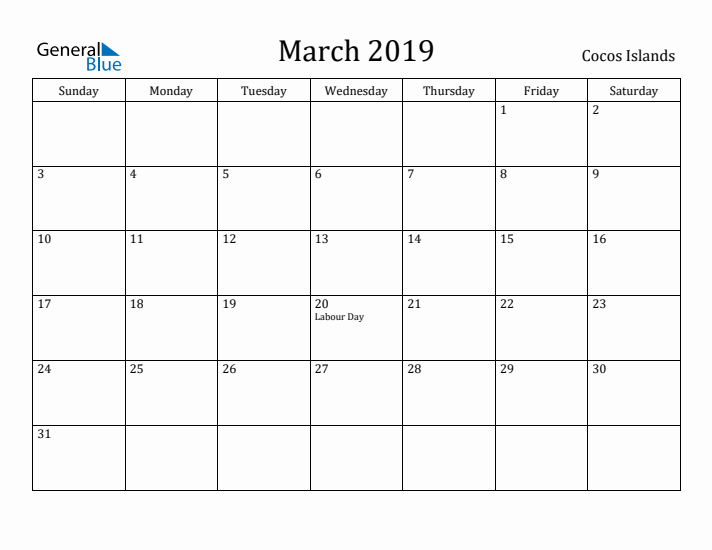March 2019 Calendar Cocos Islands