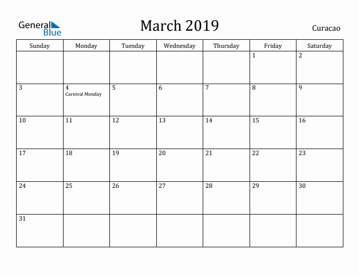 March 2019 Calendar Curacao