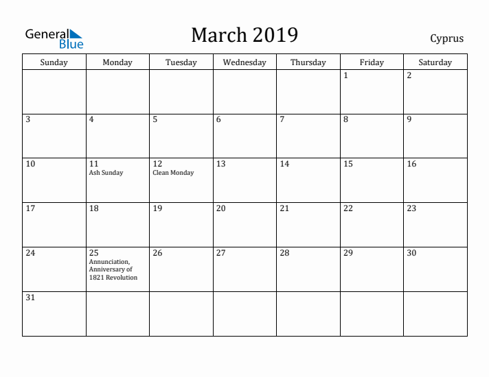 March 2019 Calendar Cyprus
