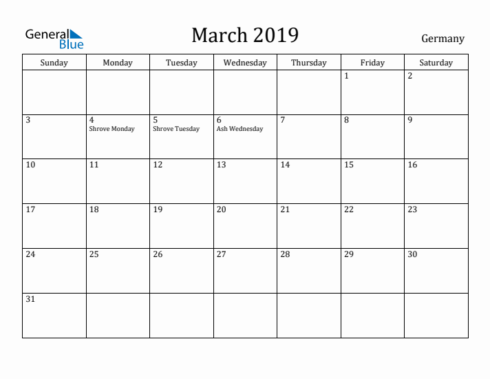 March 2019 Calendar Germany