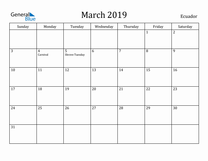 March 2019 Calendar Ecuador