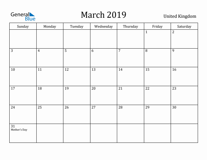 March 2019 Calendar United Kingdom