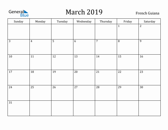March 2019 Calendar French Guiana