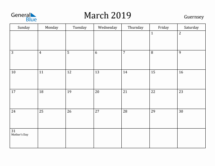 March 2019 Calendar Guernsey