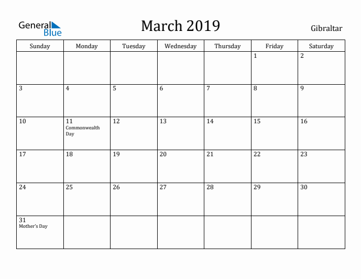 March 2019 Calendar Gibraltar