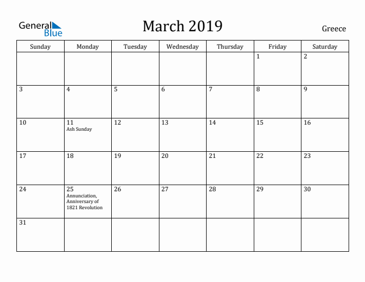 March 2019 Calendar Greece