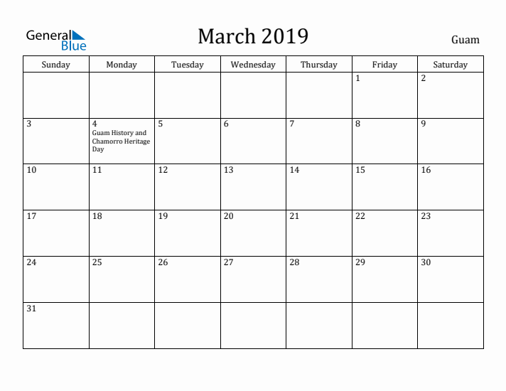 March 2019 Calendar Guam