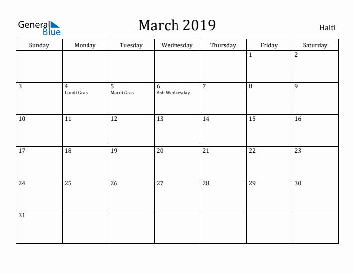March 2019 Calendar Haiti