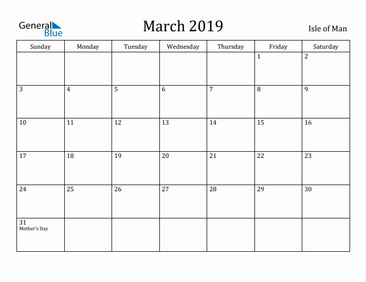 March 2019 Calendar Isle of Man