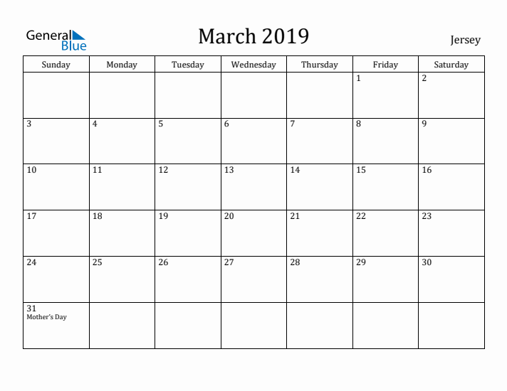 March 2019 Calendar Jersey