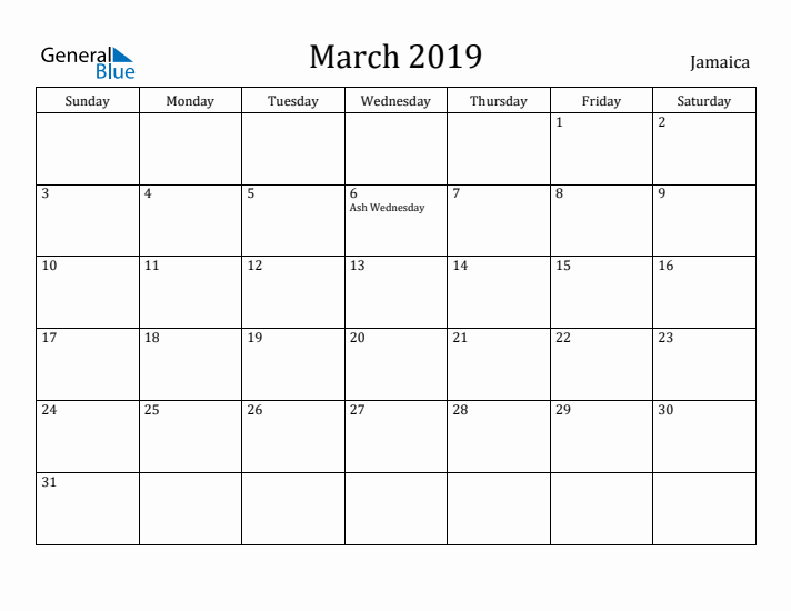 March 2019 Calendar Jamaica
