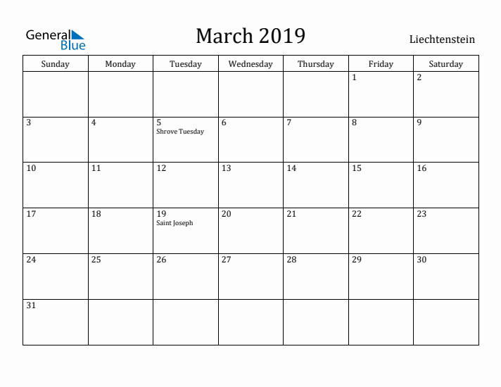 March 2019 Calendar Liechtenstein