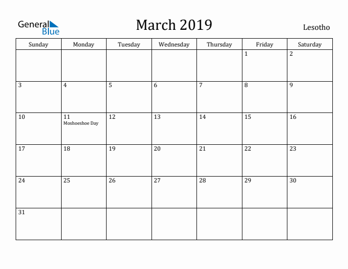 March 2019 Calendar Lesotho