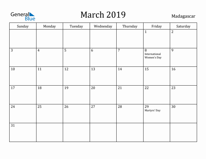 March 2019 Calendar Madagascar