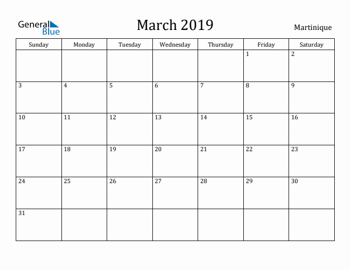 March 2019 Calendar Martinique