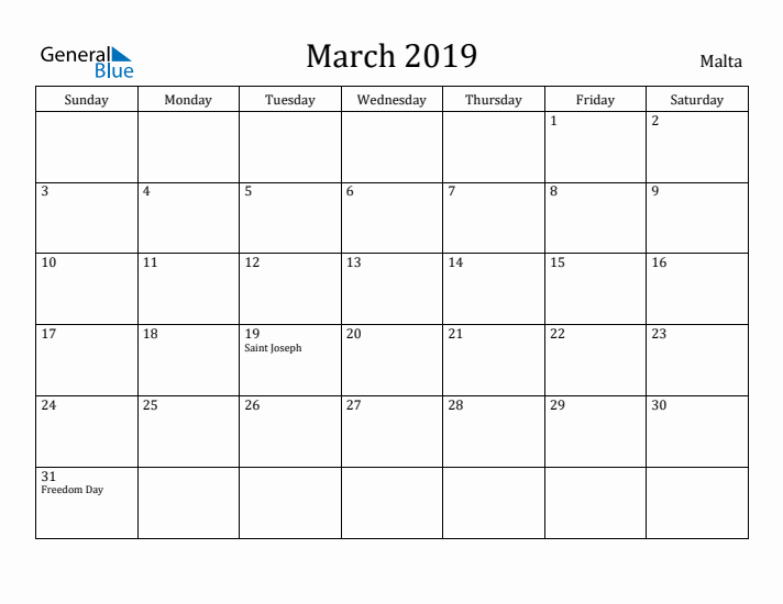 March 2019 Calendar Malta