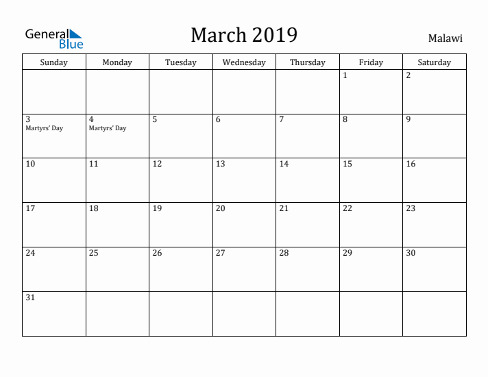 March 2019 Calendar Malawi
