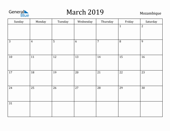 March 2019 Calendar Mozambique
