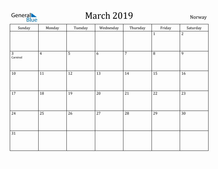 March 2019 Calendar Norway