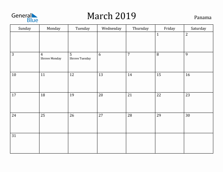 March 2019 Calendar Panama